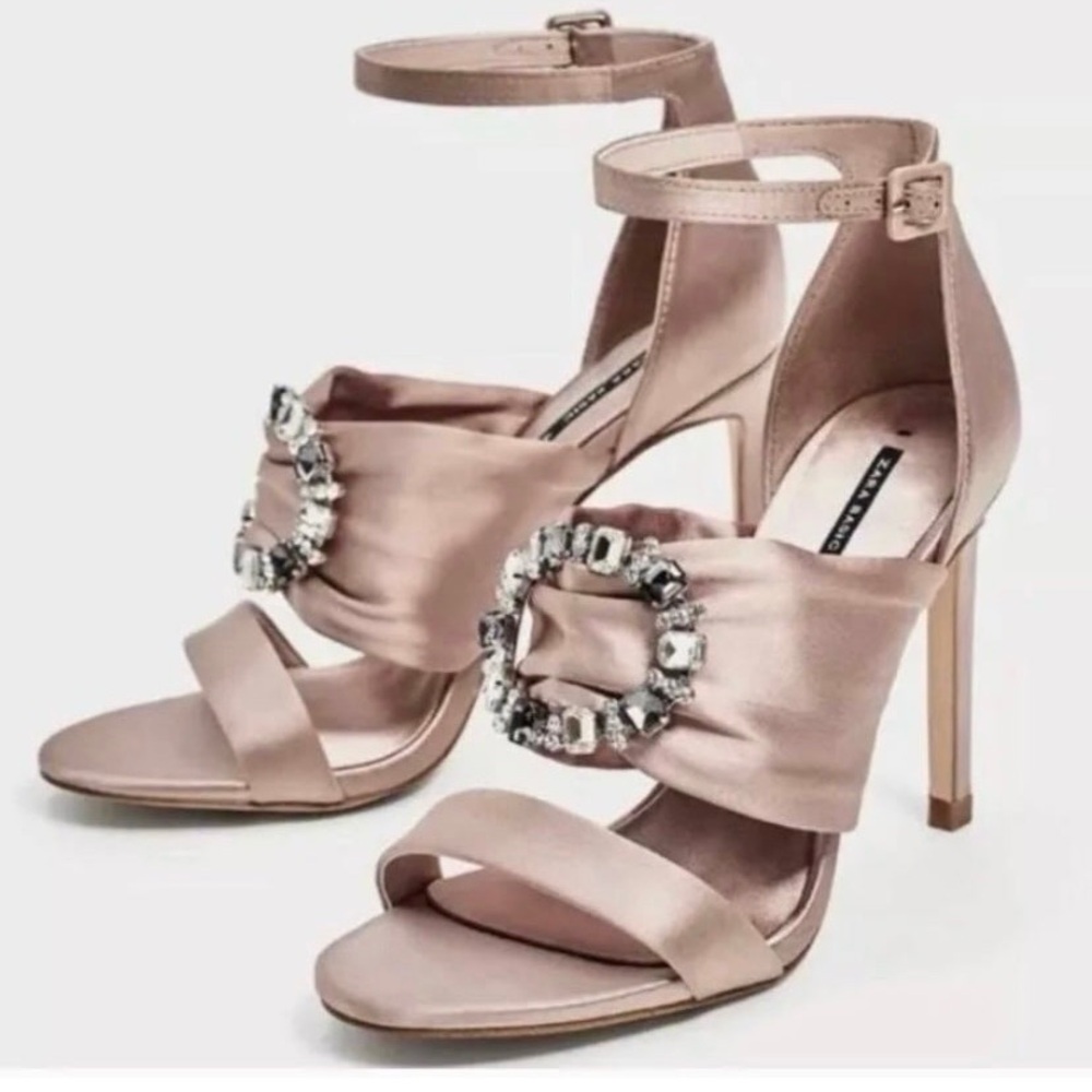 Zara Chunky Crystal Embellished Satin Heels Sandals Size 41 - Picture 2 of 14